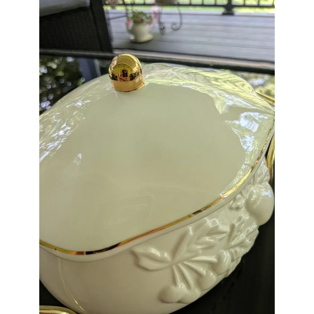 Teleflora Soup Tureen Serving Bowl Lidded Metal Rack Gold Accents Fruit Designs